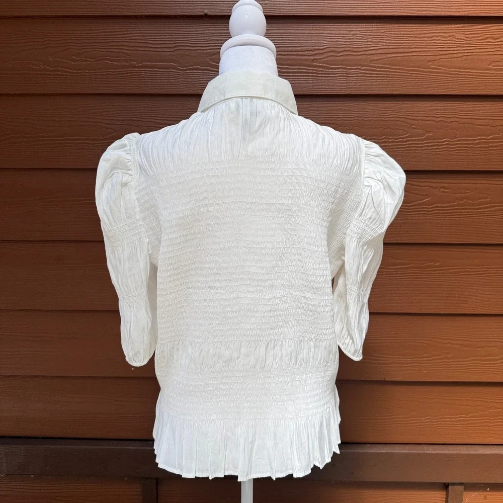Anthropologie Smocked Puff Sleeve Blouse Womens Large Ivory Ruffle Romantic Boho